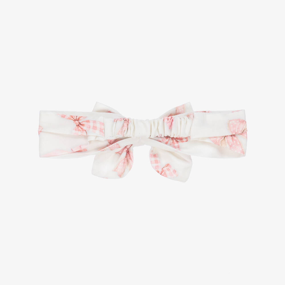 Monnalisa-Girls White & Pink Bow Print Cotton Headband | Childrensalon