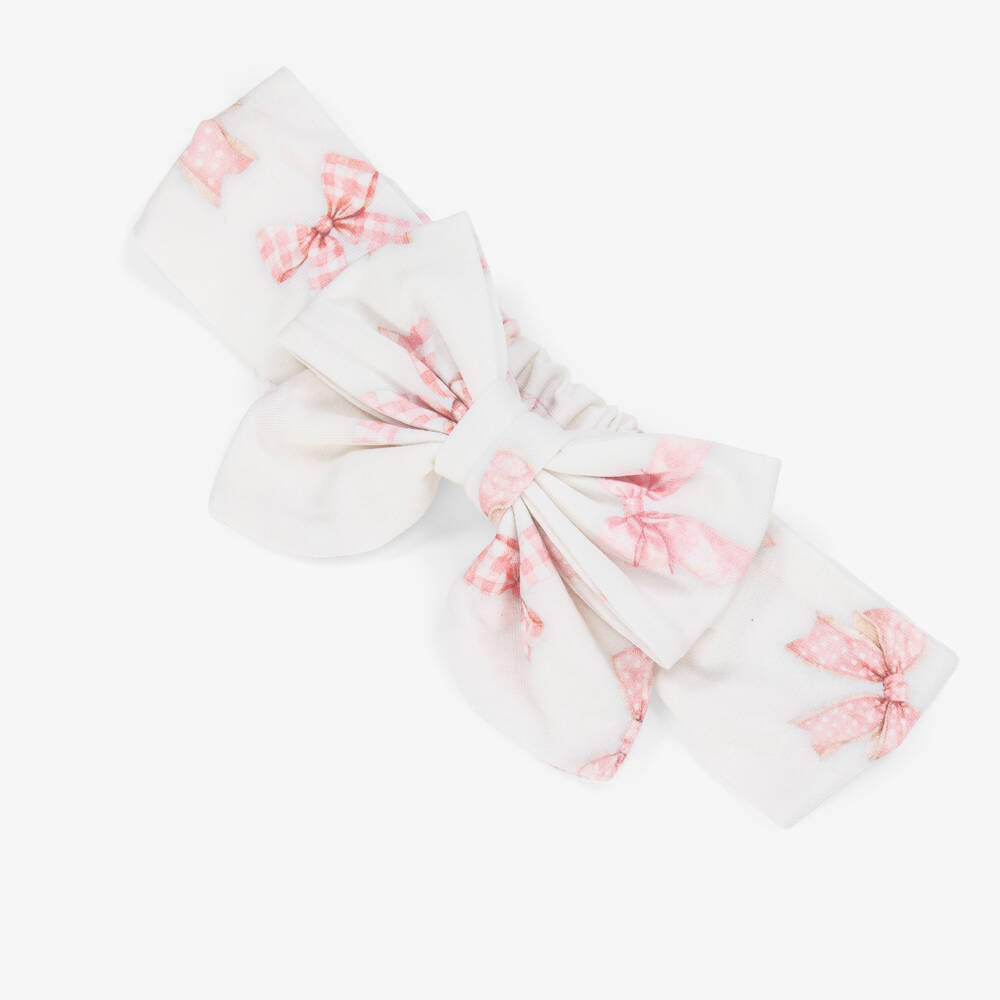 Monnalisa-Girls White & Pink Bow Print Cotton Headband | Childrensalon
