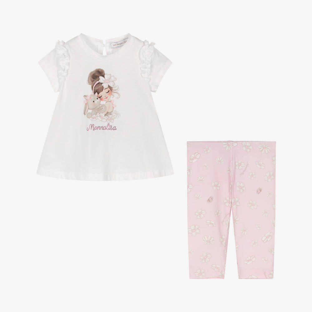 Monnalisa-Girls White & Pink Daisy Print Cotton Leggings Set  | Childrensalon