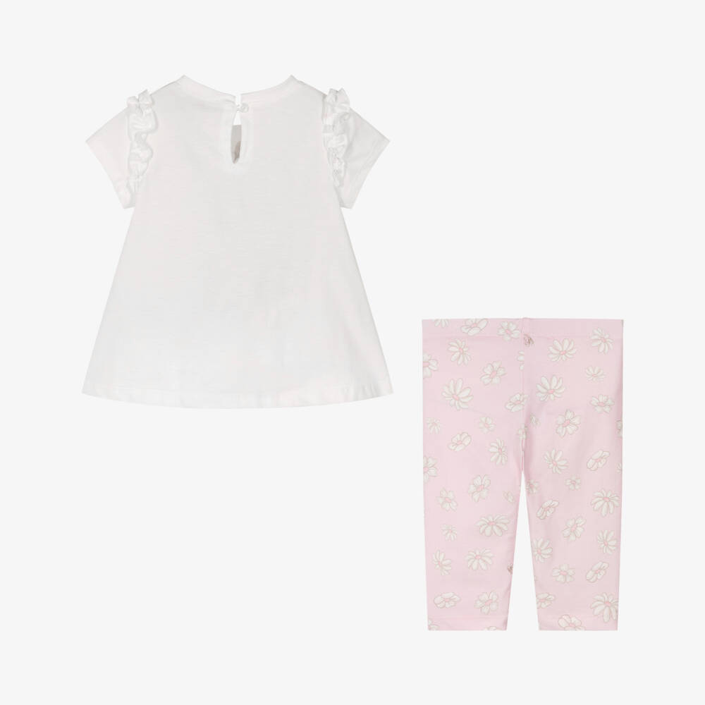 Monnalisa-Girls White & Pink Daisy Print Cotton Leggings Set  | Childrensalon