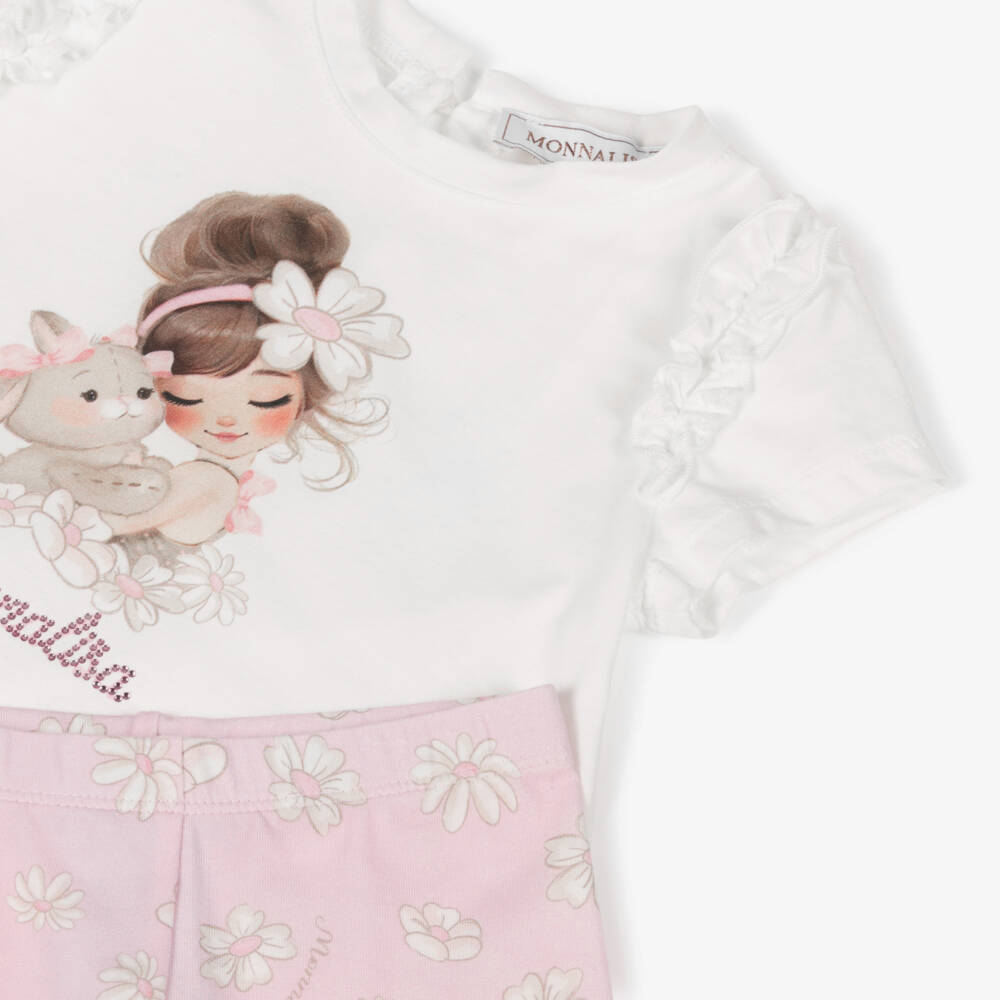 Monnalisa-Girls White & Pink Daisy Print Cotton Leggings Set  | Childrensalon