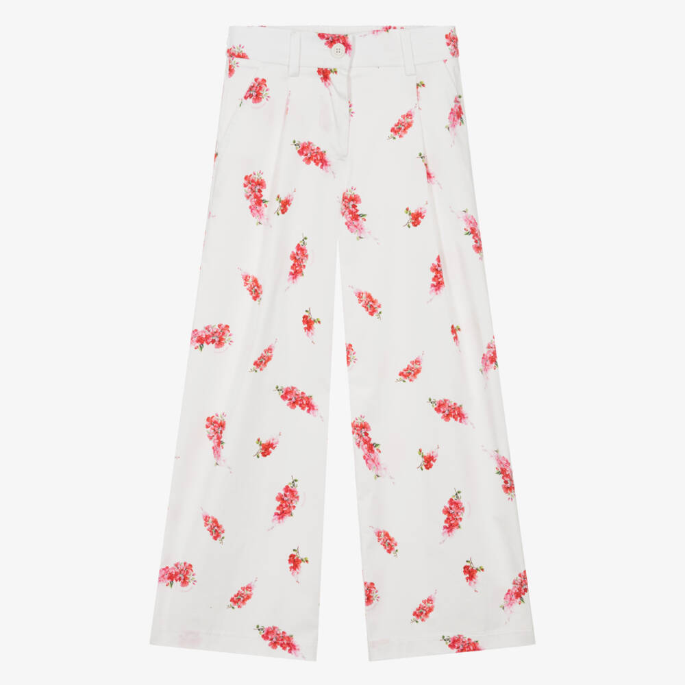 Monnalisa Chic-Girls White & Pink Floral Cotton Print Wide Leg Trousers | Childrensalon