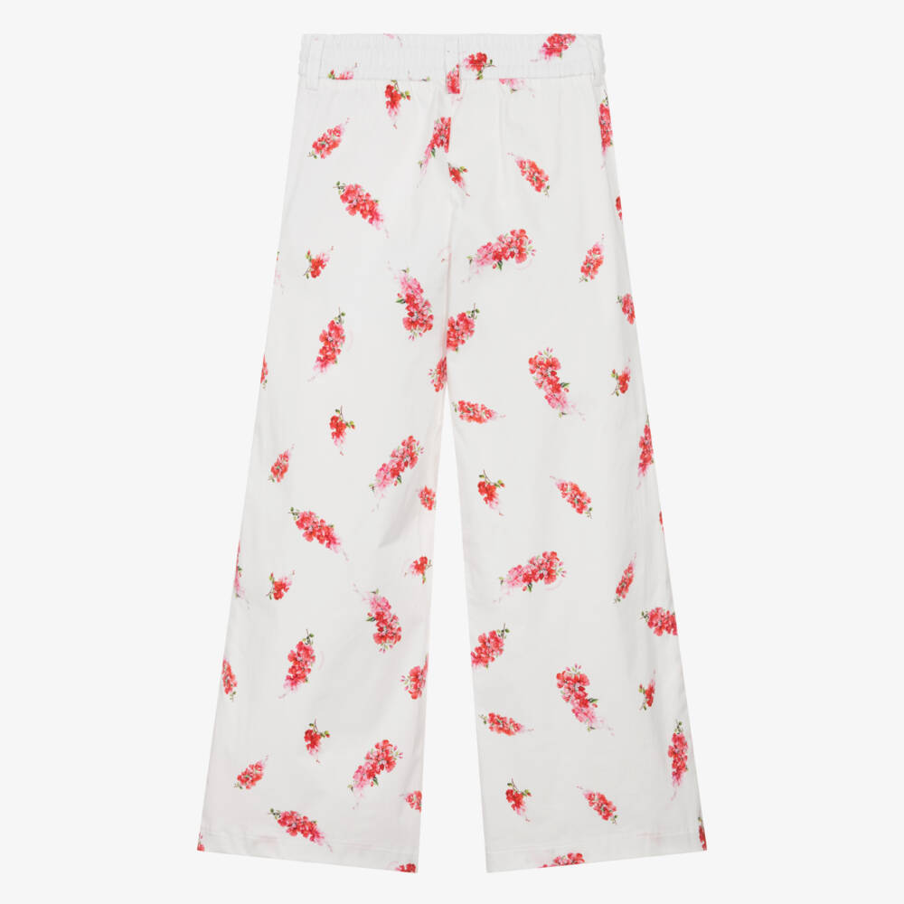Monnalisa Chic-Girls White & Pink Floral Cotton Print Wide Leg Trousers | Childrensalon