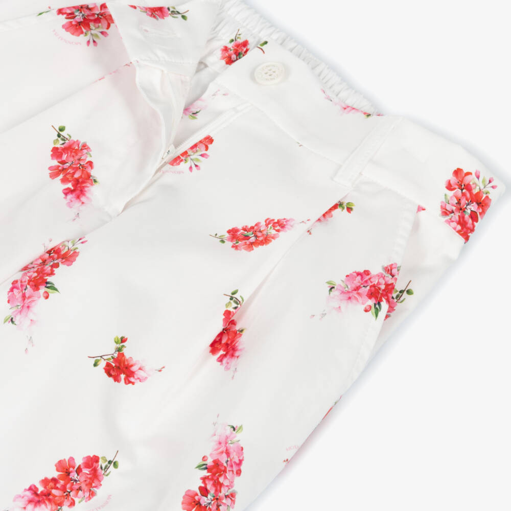 Monnalisa Chic-Girls White & Pink Floral Print Cotton Wide-Leg Trousers | Childrensalon