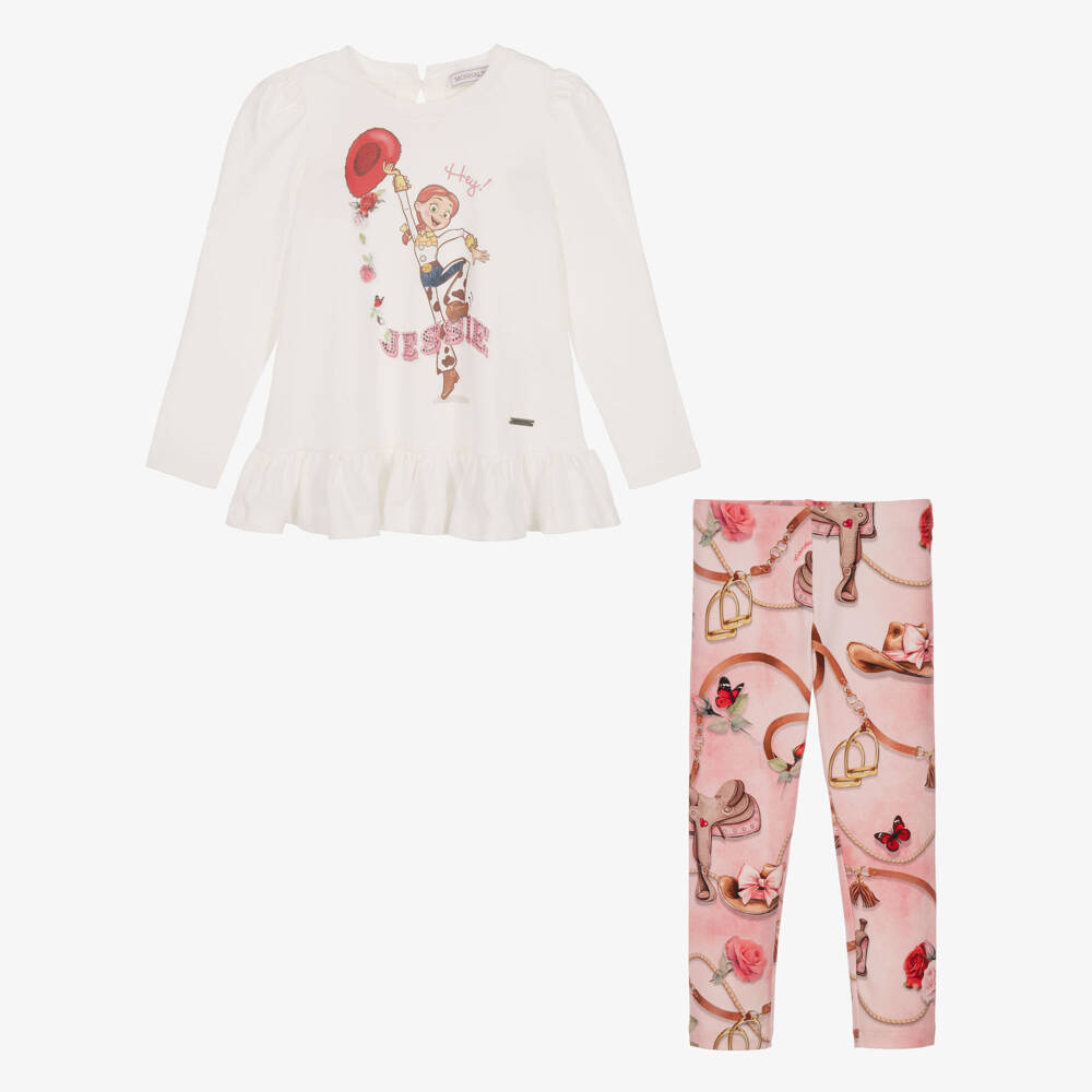 Monnalisa-Girls White & Pink Jessie Leggings Set | Childrensalon