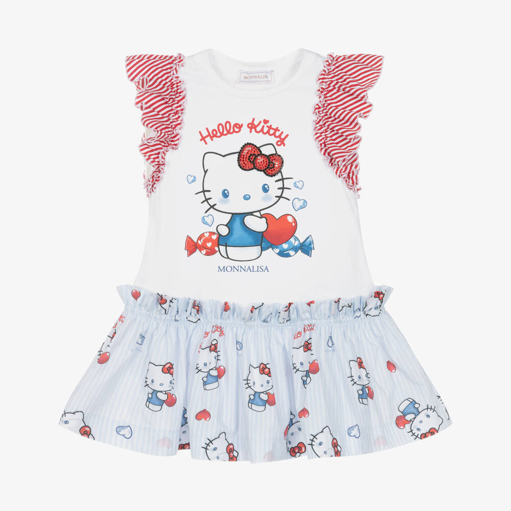 Monnalisa-فستان هالو كيتي قطن لون أحمر وأبيض للبنات | Childrensalon