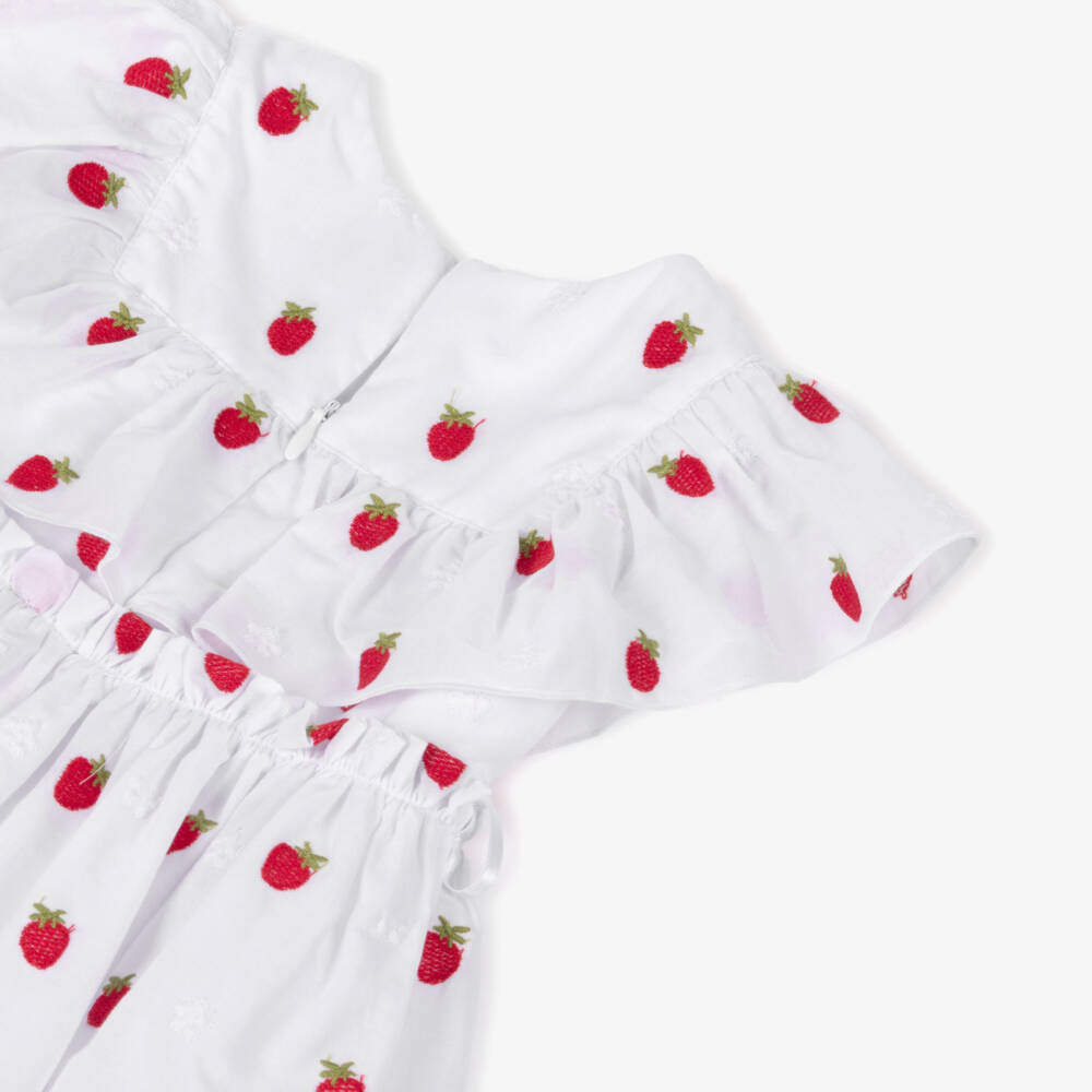 Monnalisa-Girls White & Red Strawberry Embroidery Cotton Dress  | Childrensalon