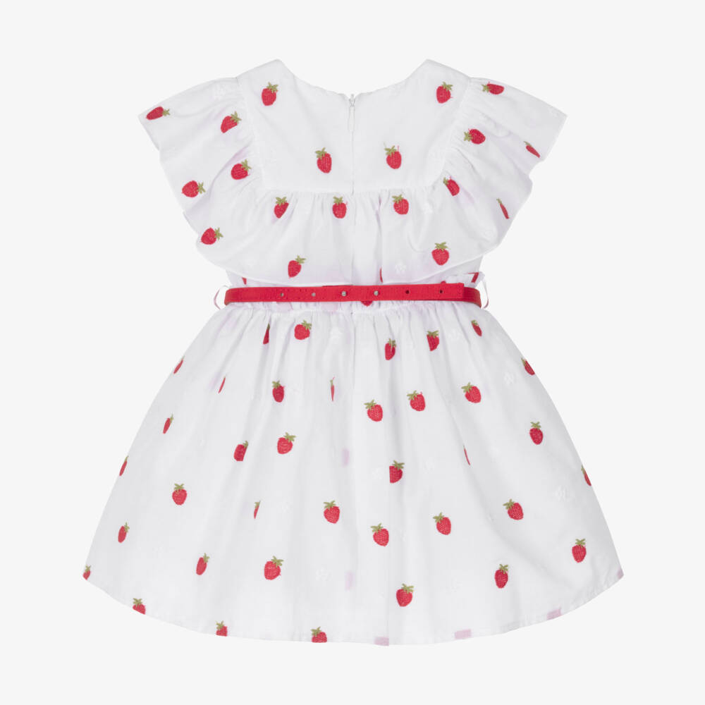Monnalisa-Girls White & Red Strawberry Embroidery Cotton Dress  | Childrensalon