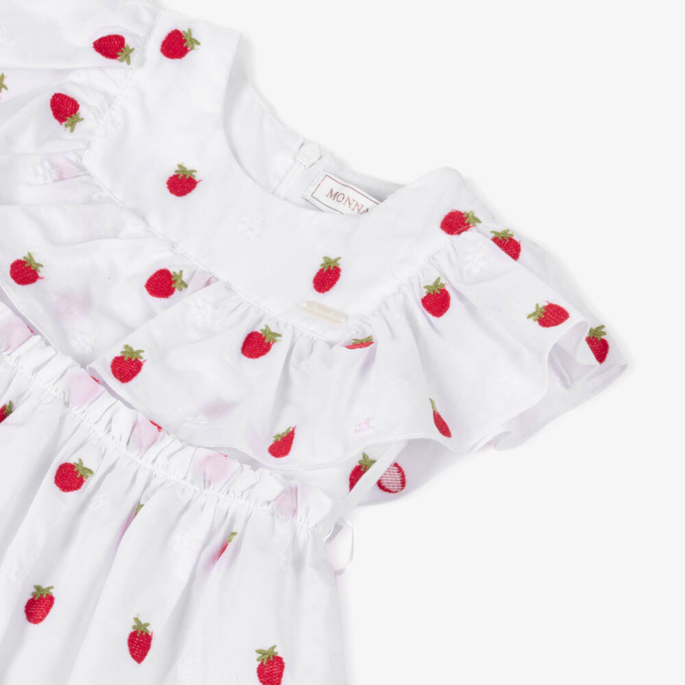 Monnalisa-Girls White & Red Strawberry Embroidery Cotton Dress  | Childrensalon