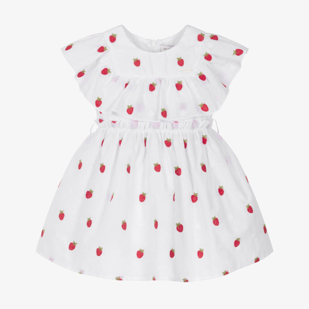 Monnalisa-Girls White & Red Strawberry Embroidery Cotton Dress  | Childrensalon