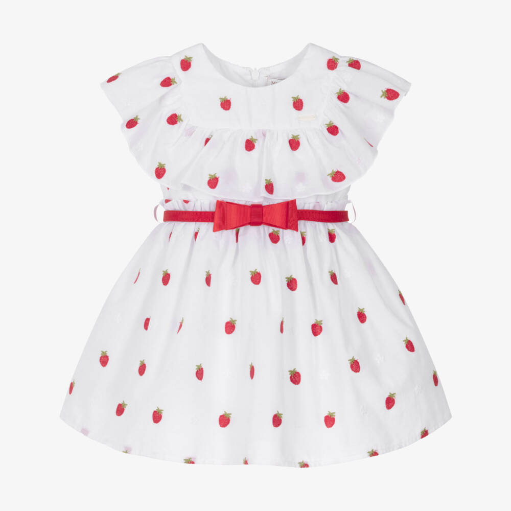 Monnalisa-Girls White & Red Strawberry Embroidery Cotton Dress  | Childrensalon