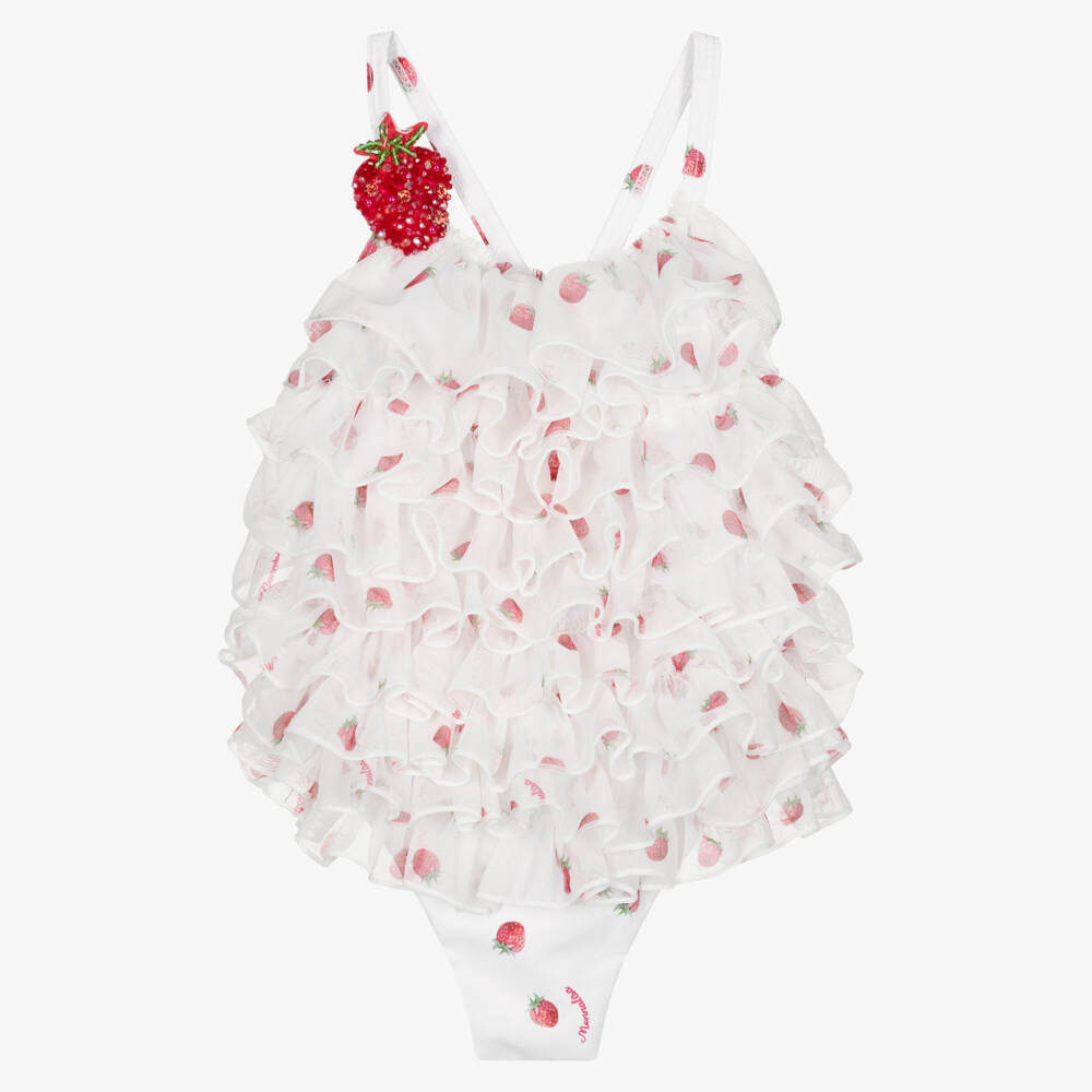 Monnalisa-Girls White & Red Strawberry Print Ruffle Swimsuit | Childrensalon