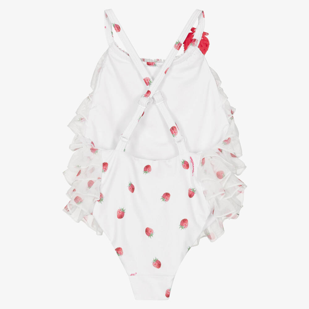 Monnalisa-Girls White & Red Strawberry Print Ruffle Swimsuit | Childrensalon