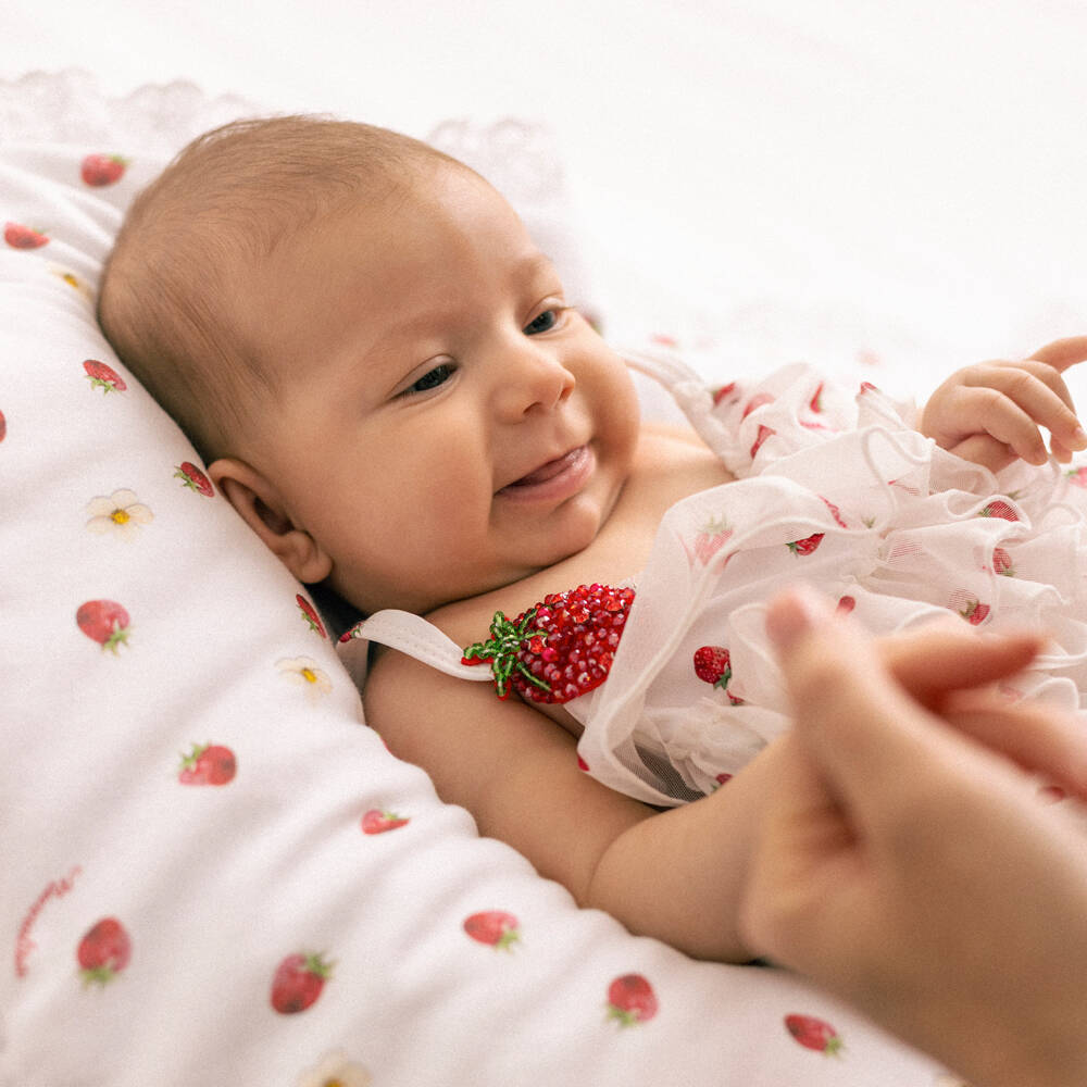 Monnalisa-Girls White & Red Strawberry Print Ruffle Swimsuit | Childrensalon