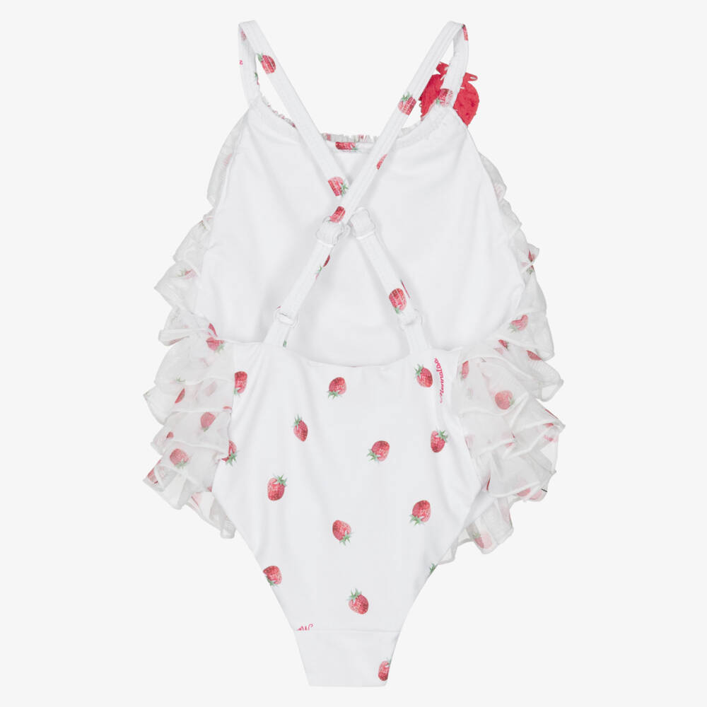 Monnalisa-Girls White & Red Strawberry Print Ruffle Swimsuit | Childrensalon