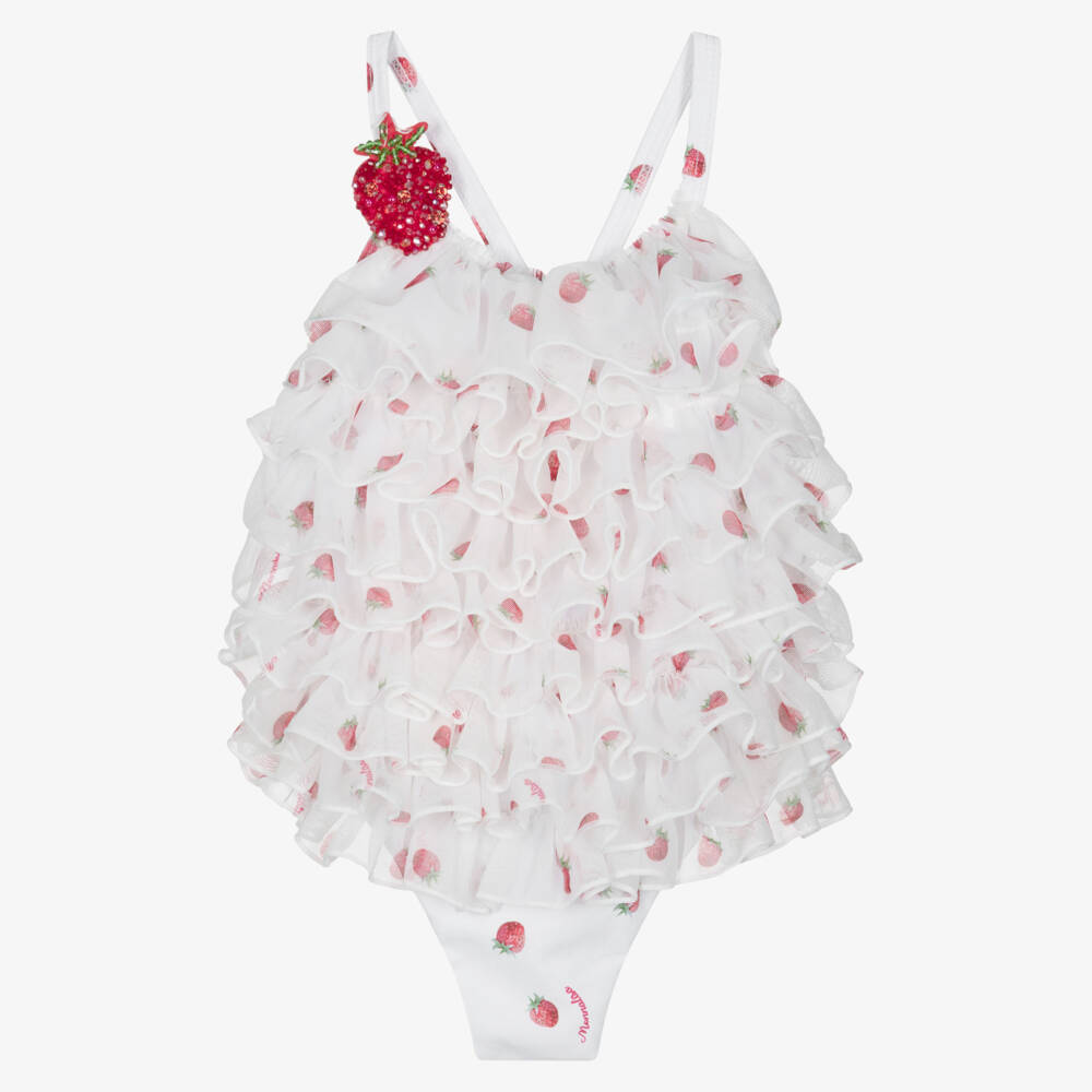Monnalisa-Girls White & Red Strawberry Print Ruffle Swimsuit | Childrensalon