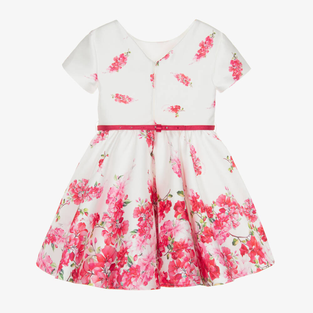 Monnalisa Chic-فستان ساتان بطبعة ورود لون أبيض للبنات | Childrensalon