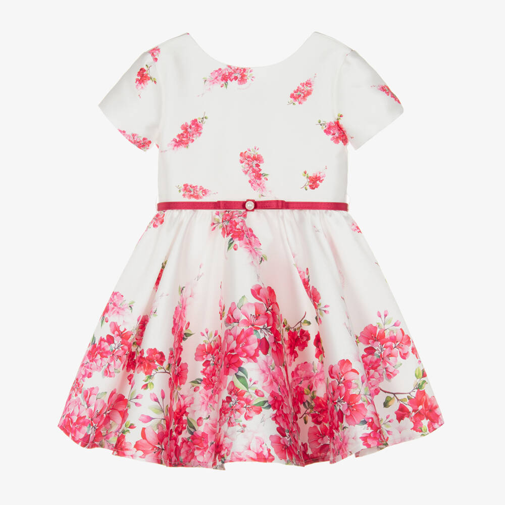 Monnalisa Chic-Girls White Satin Dress with Pink Floral Pattern | Childrensalon