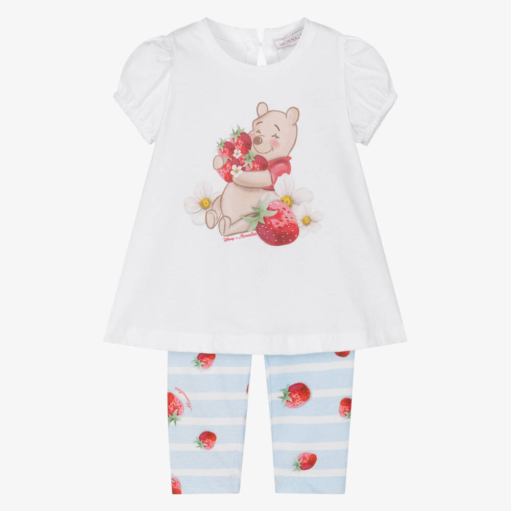 Monnalisa-Girls White Striped Cotton Winnie The Pooh Leggings Set | Childrensalon