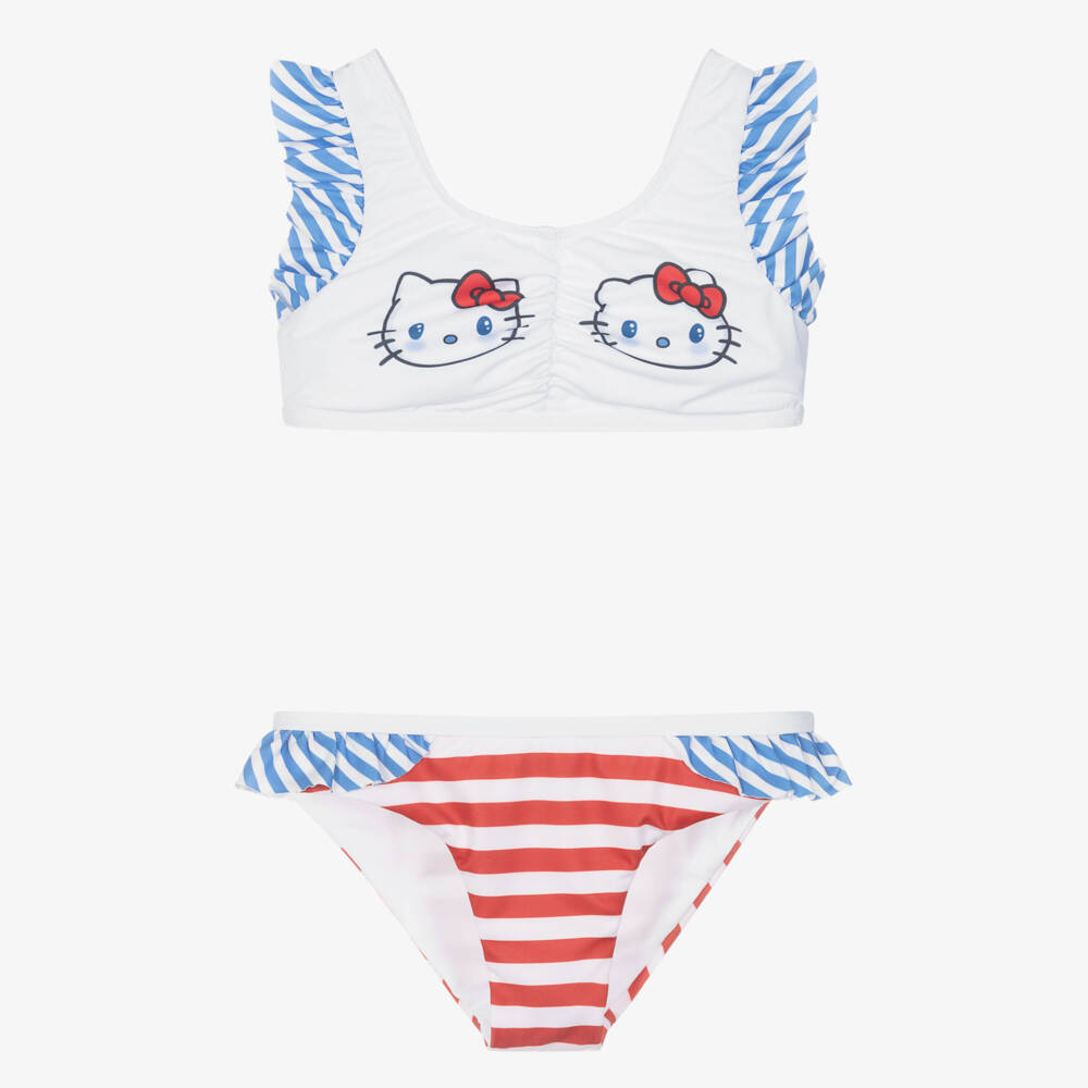 Monnalisa-Girls White Striped Hello Kitty Bikini | Childrensalon