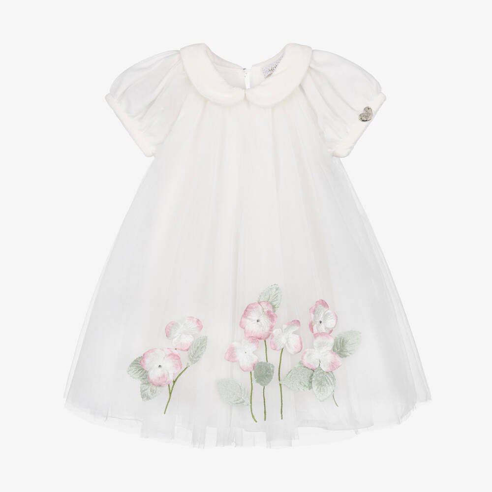 Monnalisa-Girls White Tulle Dress with Flower Appliqués | Childrensalon