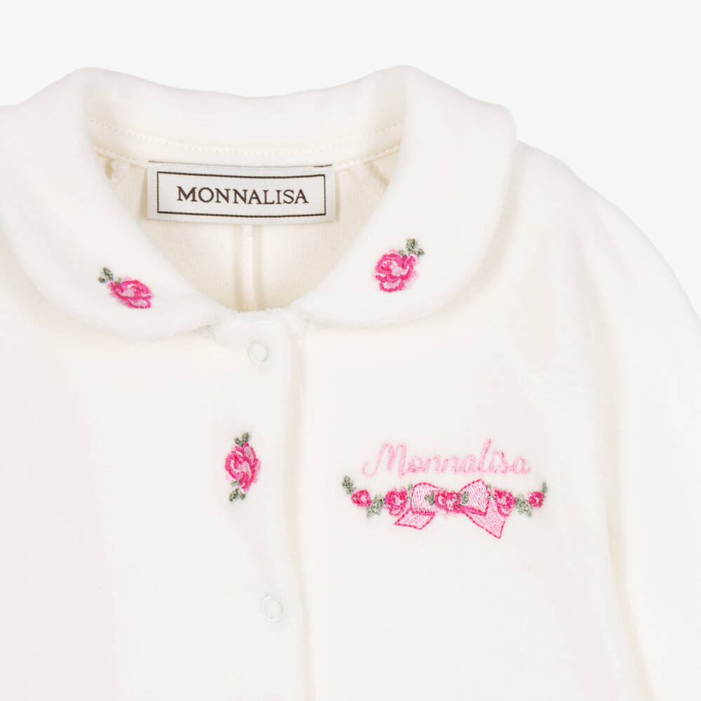 Monnalisa-Girls White Velour Babygrow with Pink Rose Embroidery | Childrensalon