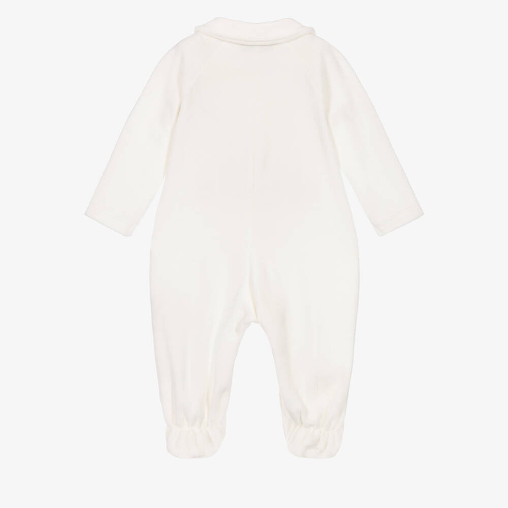 Monnalisa-Girls White Velour Babygrow with Pink Rose Embroidery | Childrensalon