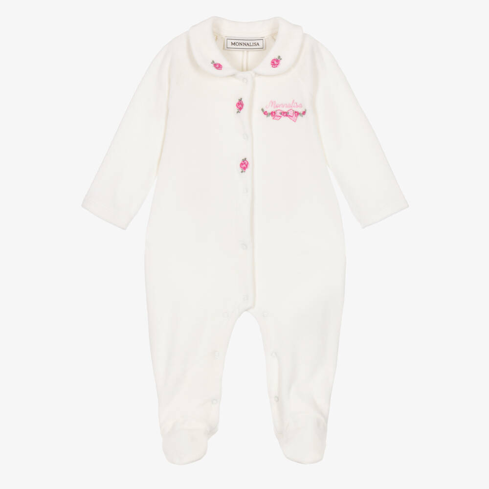 Monnalisa-Girls White Velour Babygrow with Pink Rose Embroidery | Childrensalon