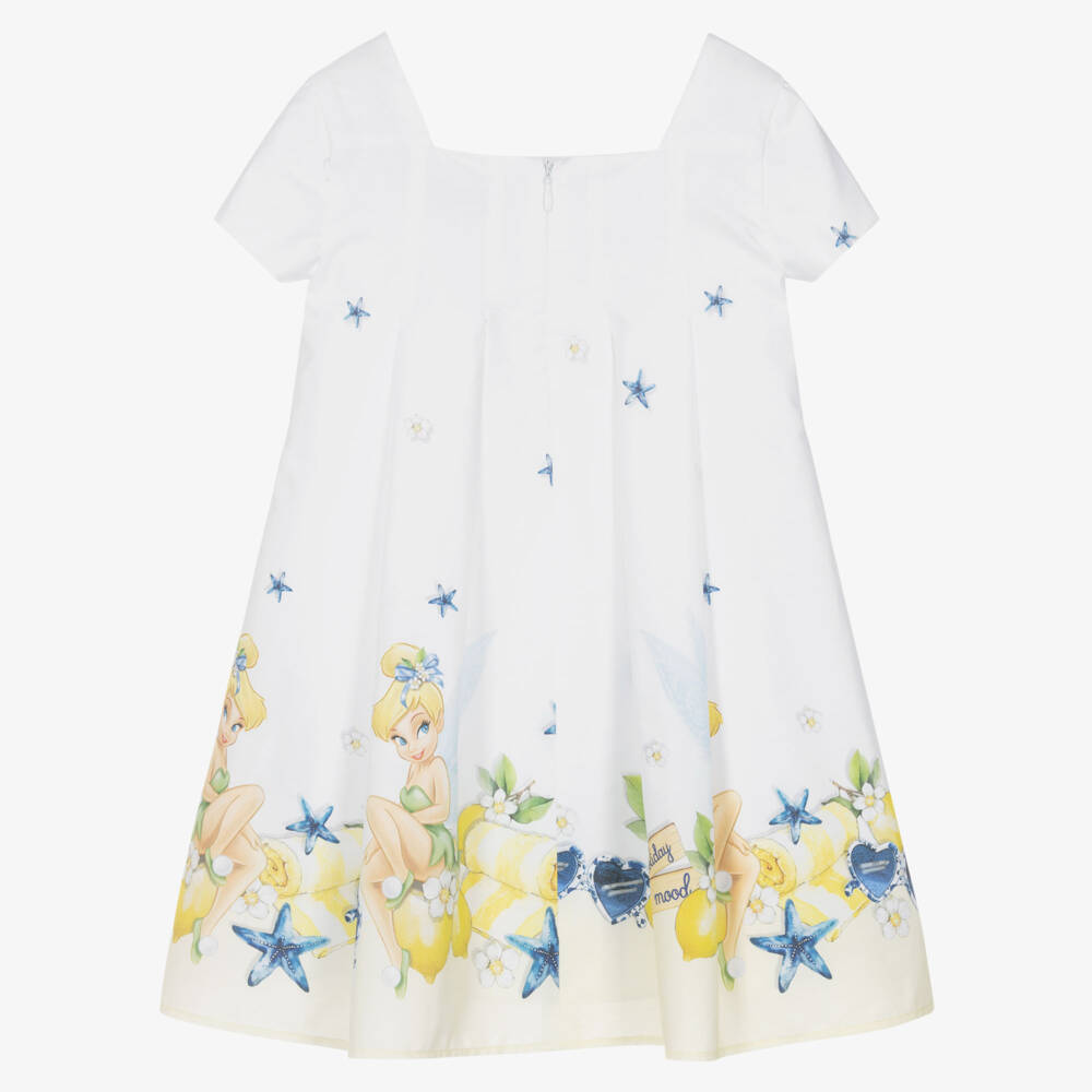 Monnalisa-Girls White & Yellow Cotton Tinkerbell Dress | Childrensalon