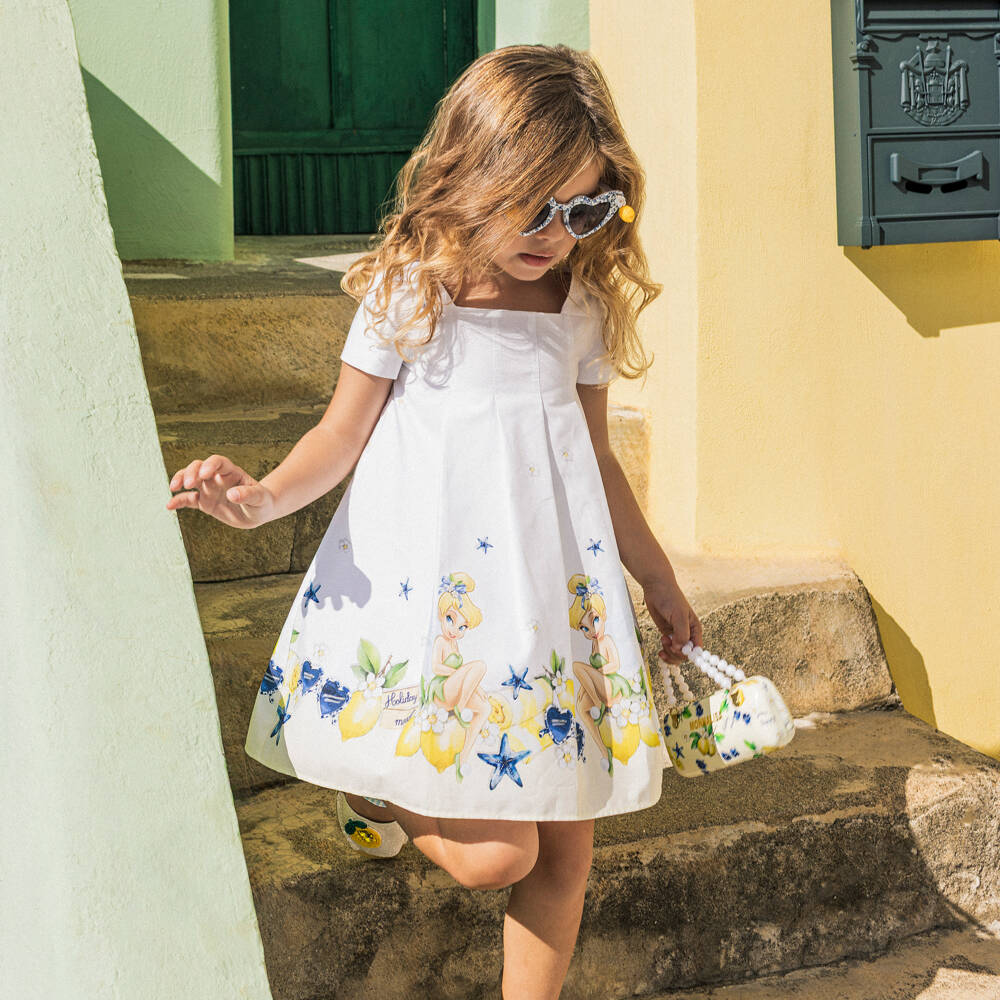 Monnalisa-Girls White & Yellow Cotton Tinkerbell Dress | Childrensalon