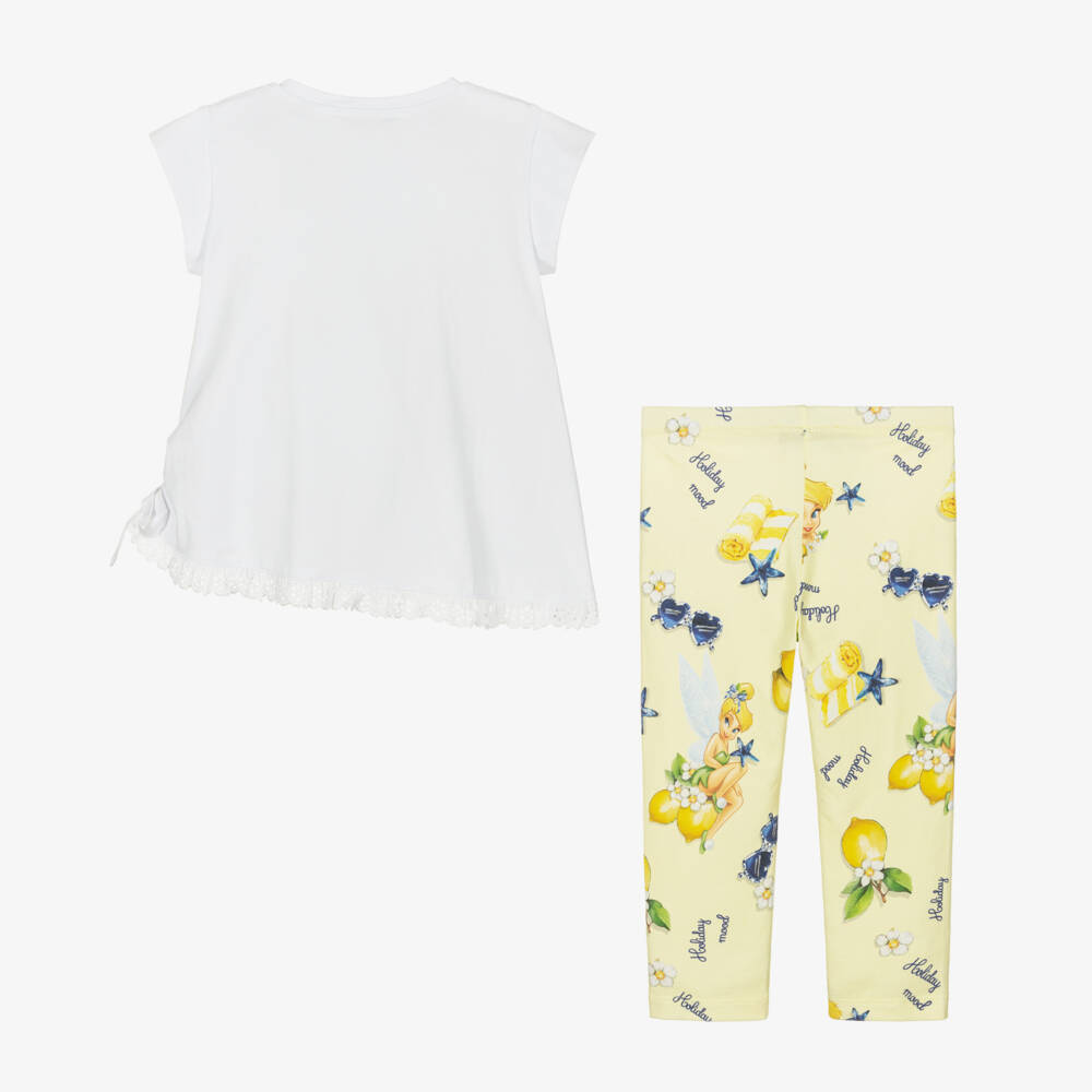 Monnalisa-Girls White & Yellow Cotton Tinkerbell Leggings Set | Childrensalon