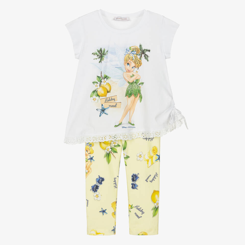 Monnalisa-Girls White & Yellow Cotton Tinkerbell Leggings Set | Childrensalon