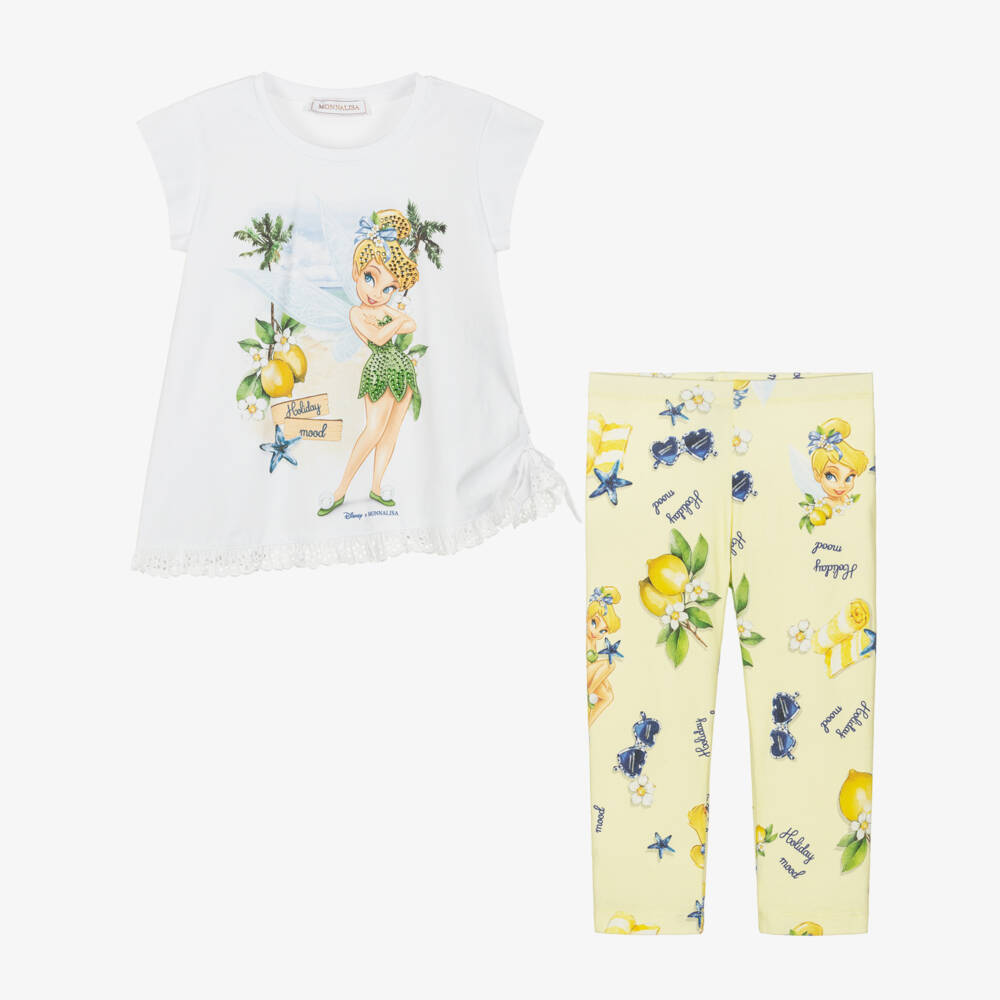Monnalisa-Girls White & Yellow Cotton Tinkerbell Leggings Set | Childrensalon