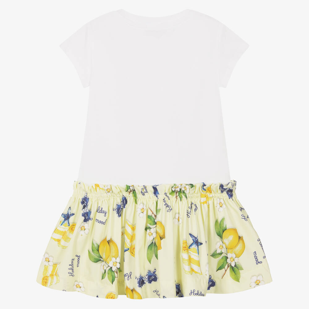 Monnalisa-Girls White & Yellow Lemon Print Dress | Childrensalon