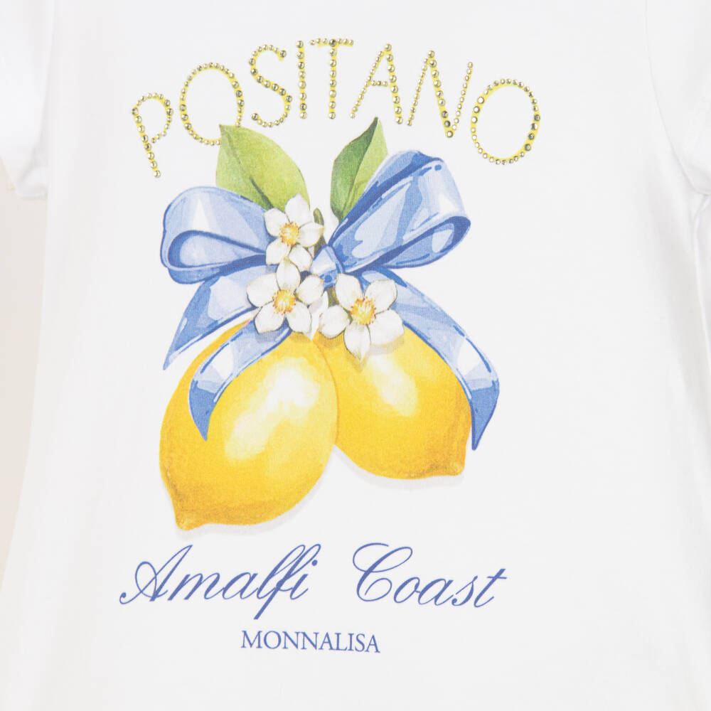 Monnalisa-Girls White & Yellow Lemon Print Dress | Childrensalon