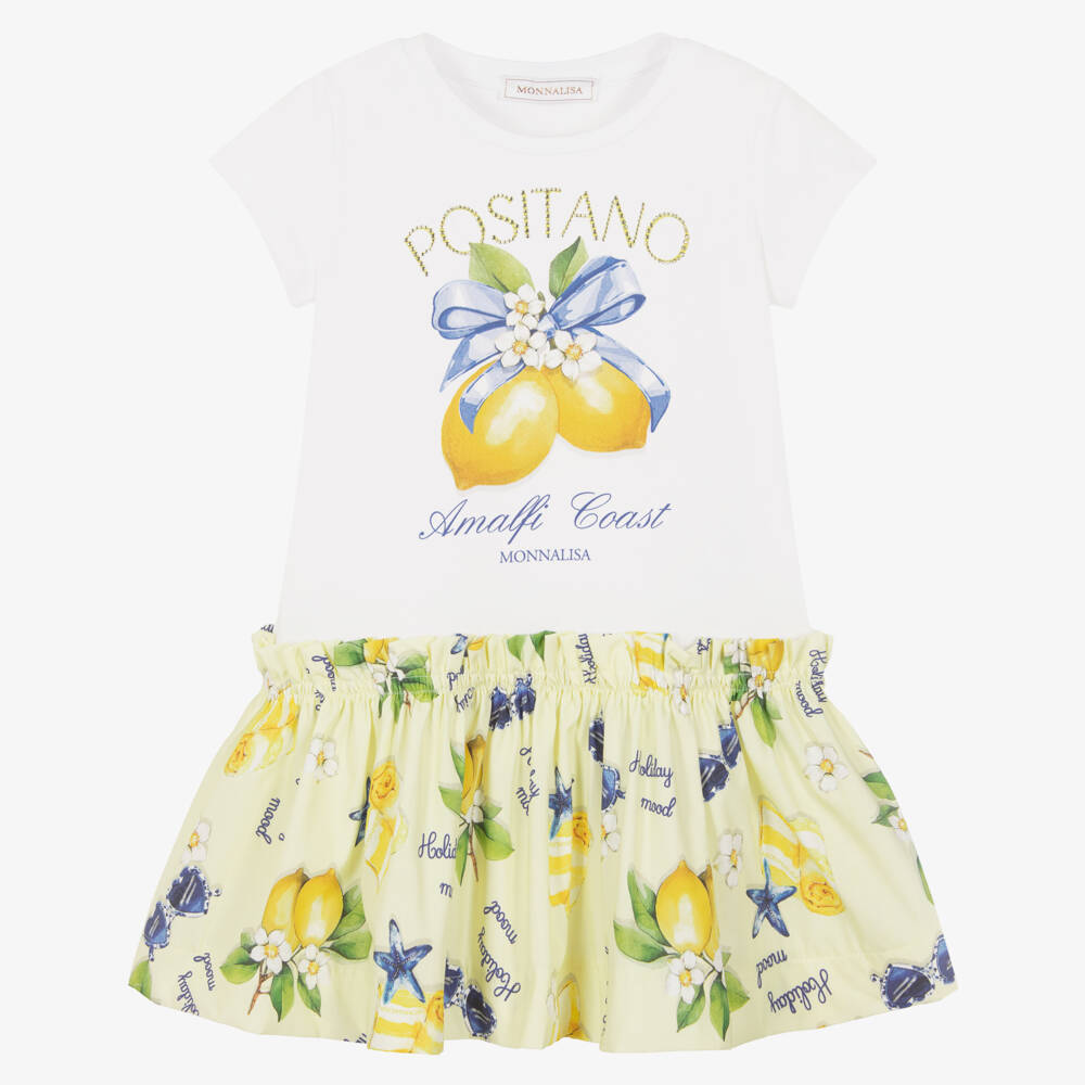 Monnalisa-Girls White & Yellow Lemon Print Dress | Childrensalon