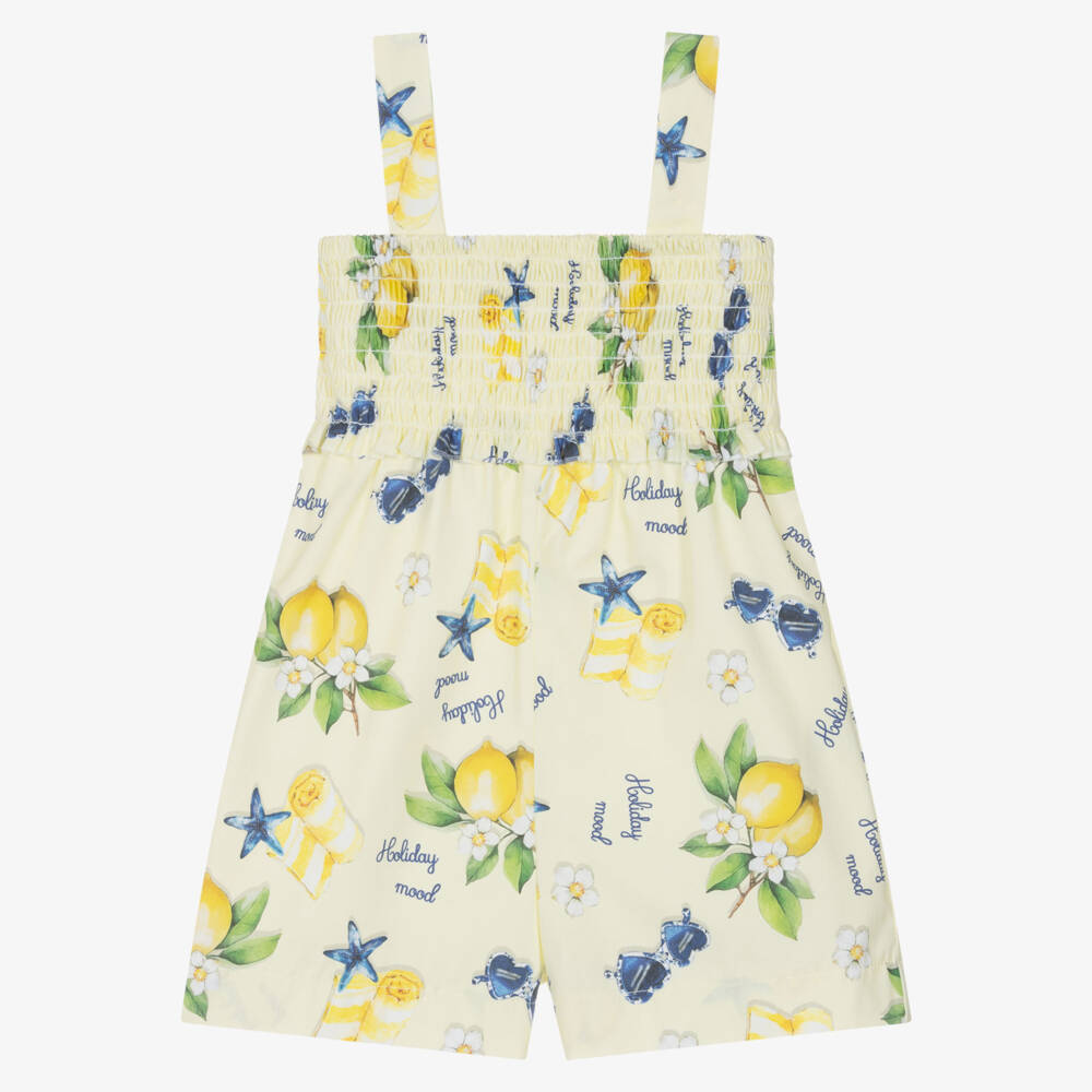 Monnalisa-Girls Yellow Cotton Holiday Print Playsuit | Childrensalon