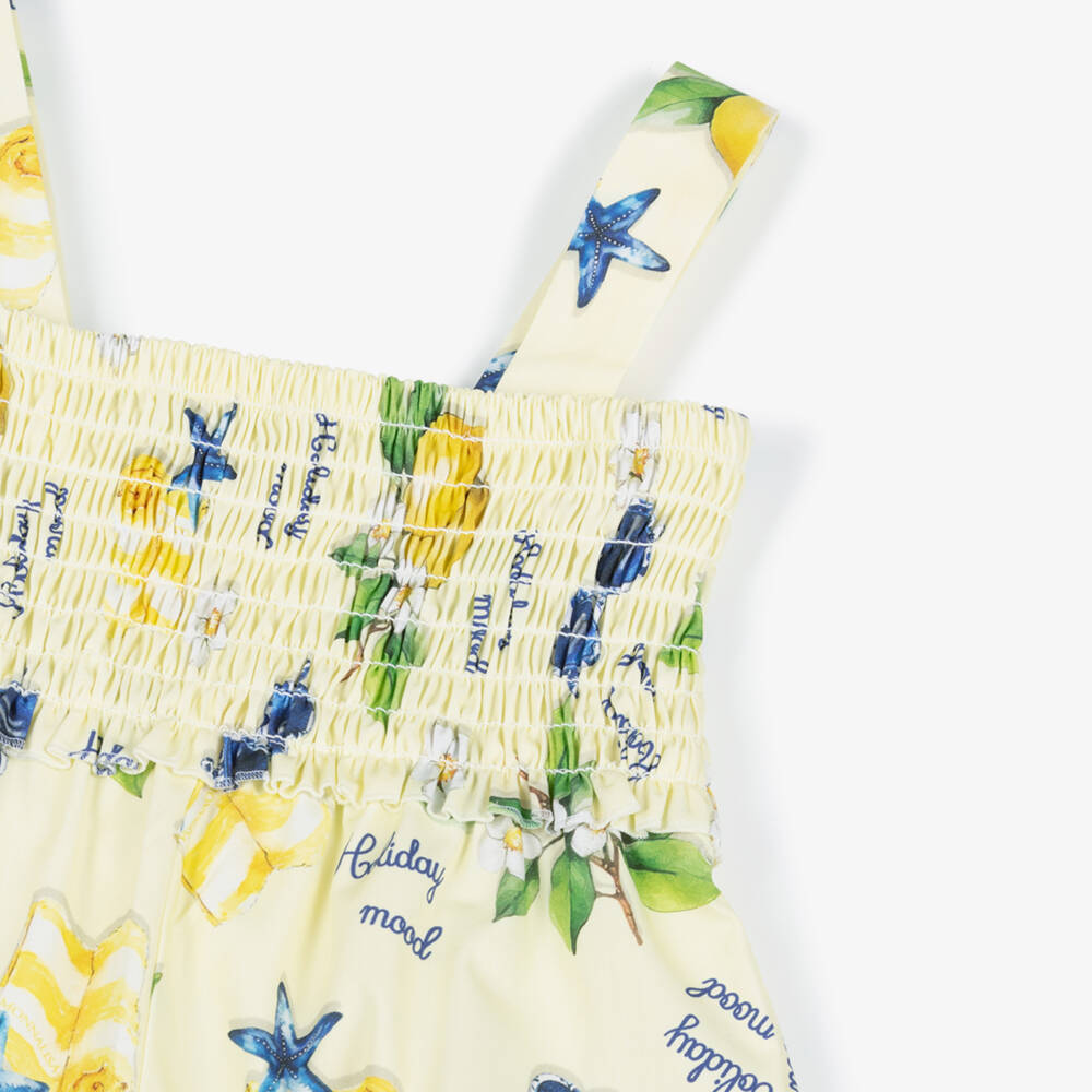 Monnalisa-Girls Yellow Cotton Holiday Print Playsuit | Childrensalon