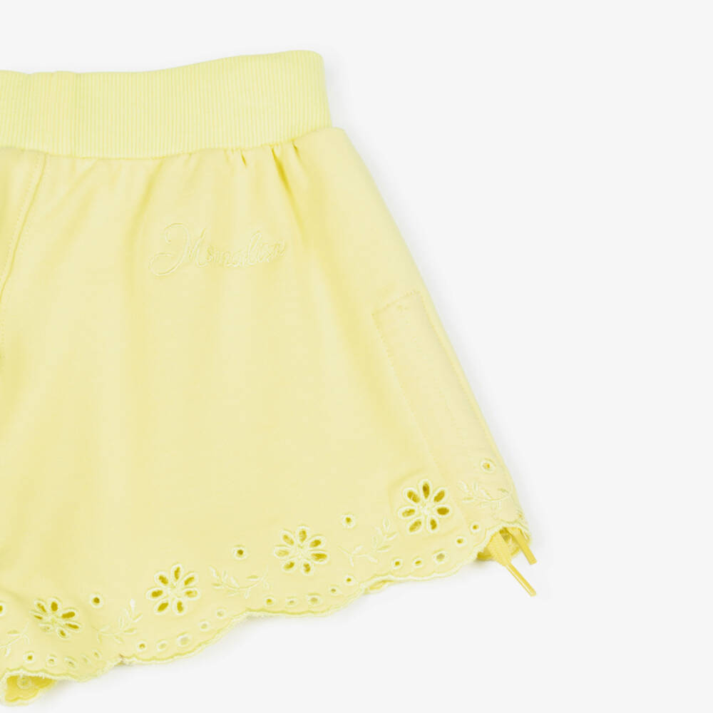 Monnalisa-Girls Yellow Cotton Jersey Broderie Anglaise Shorts | Childrensalon