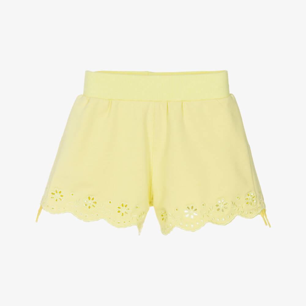 Monnalisa-Girls Yellow Cotton Jersey Broderie Anglaise Shorts | Childrensalon