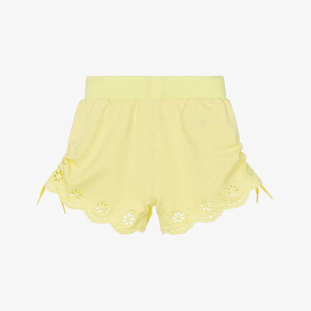 Monnalisa-Girls Yellow Cotton Jersey Broderie Anglaise Shorts | Childrensalon