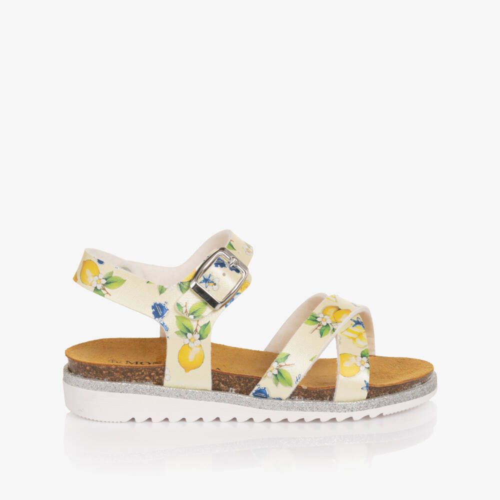 Monnalisa-Girls Yellow Lemon Print Faux Leather Sandals | Childrensalon