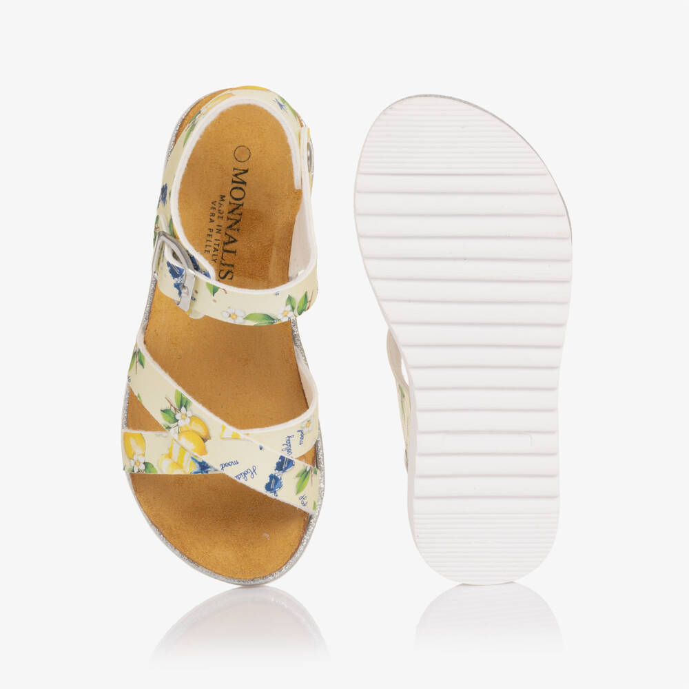 Monnalisa-Girls Yellow Lemon Print Faux Leather Sandals | Childrensalon