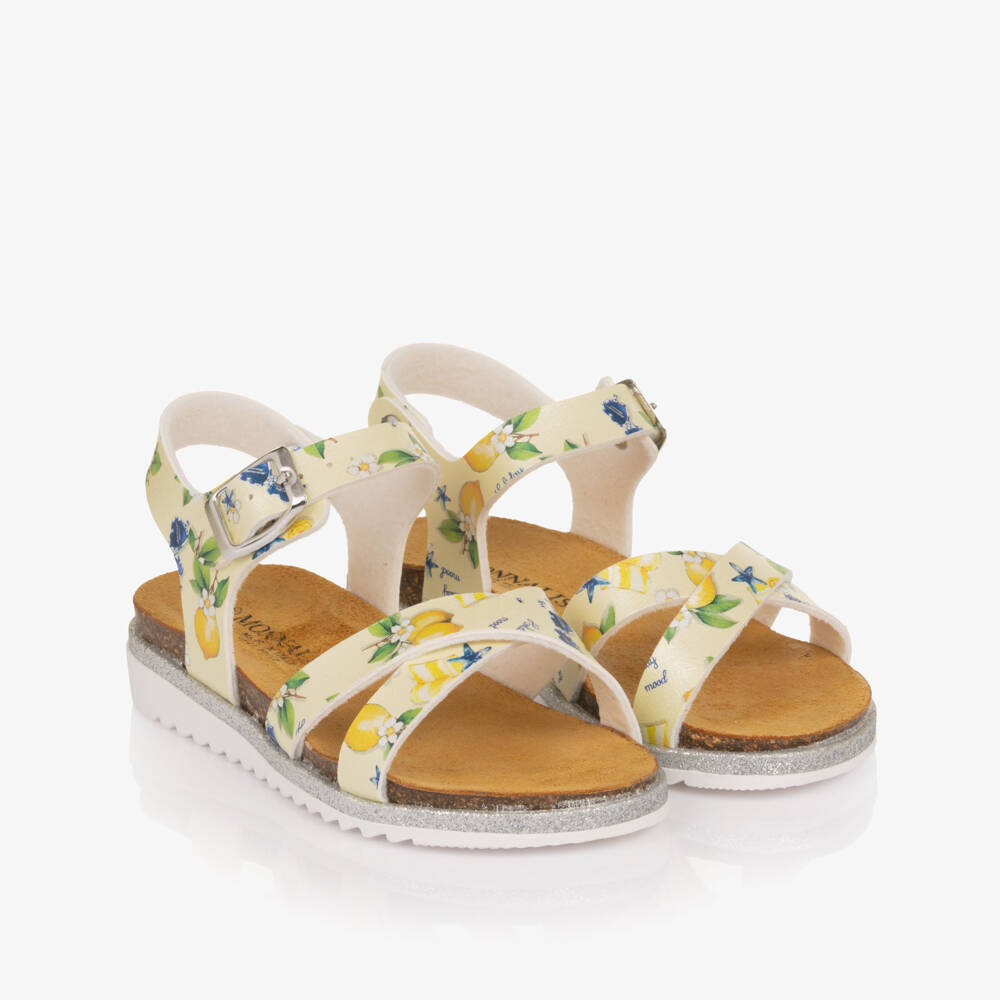 Monnalisa-Girls Yellow Lemon Print Faux Leather Sandals | Childrensalon