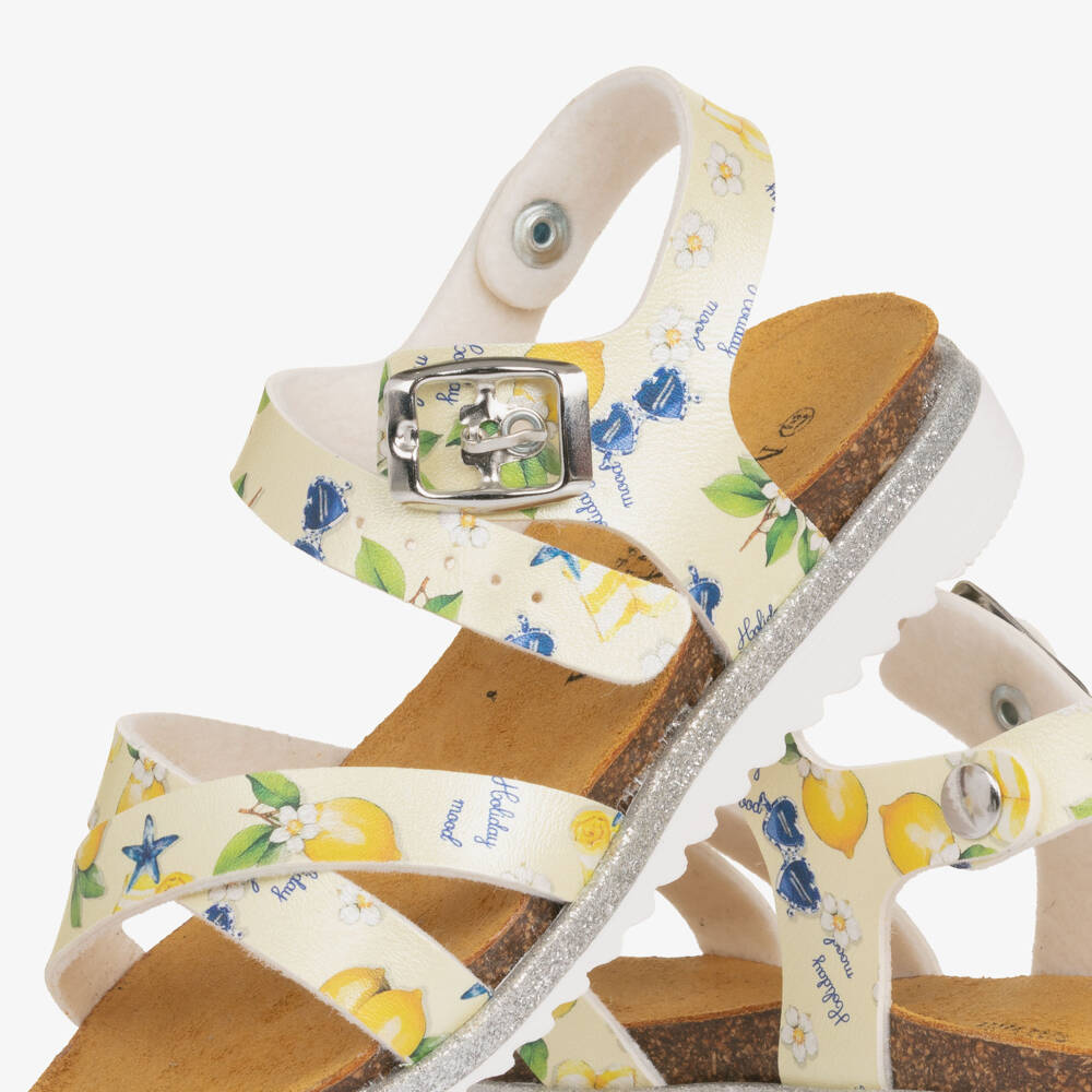 Monnalisa-Girls Yellow Lemon Print Faux Leather Sandals | Childrensalon