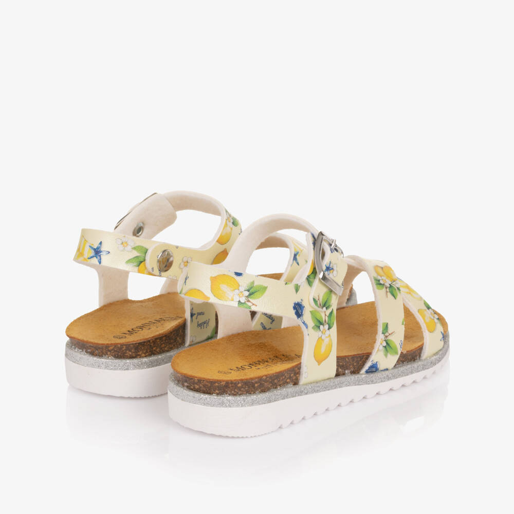 Monnalisa-Girls Yellow Lemon Print Faux Leather Sandals | Childrensalon
