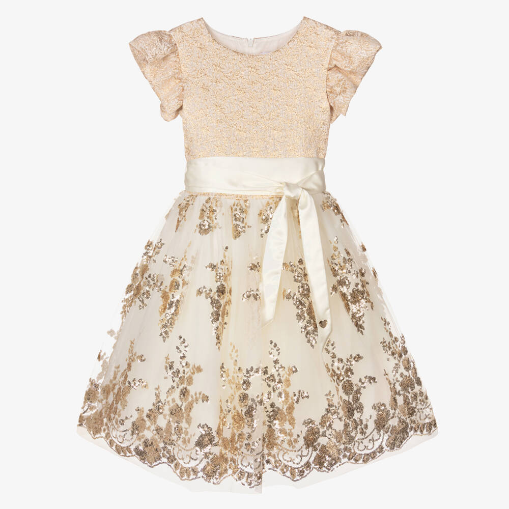 Monnalisa - Teen Girls Ivory & Gold Sequin Dress | Childrensalon
