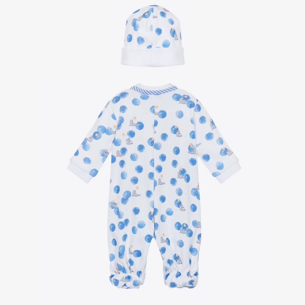 Monnalisa-White & Blue Bubble Print Cotton Babysuit Set | Childrensalon