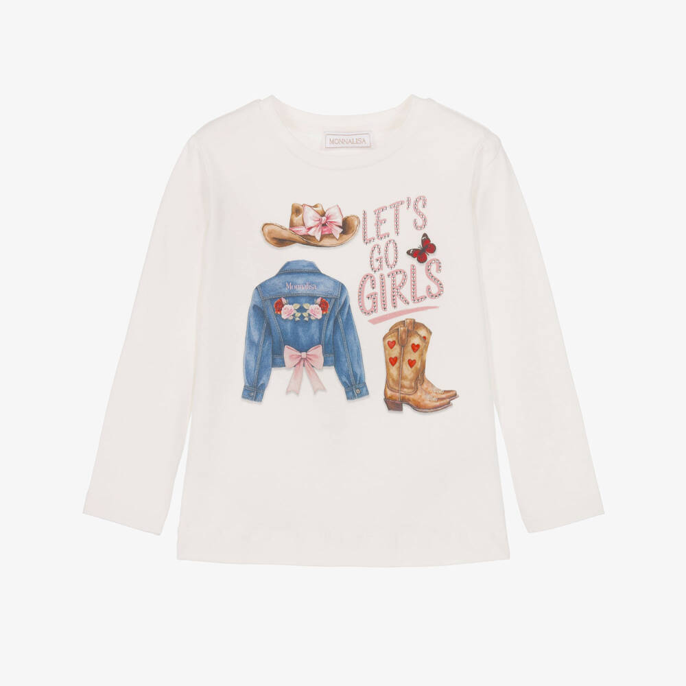 Monnalisa-White Cotton Cowgirl Top with Diamanté Slogan | Childrensalon