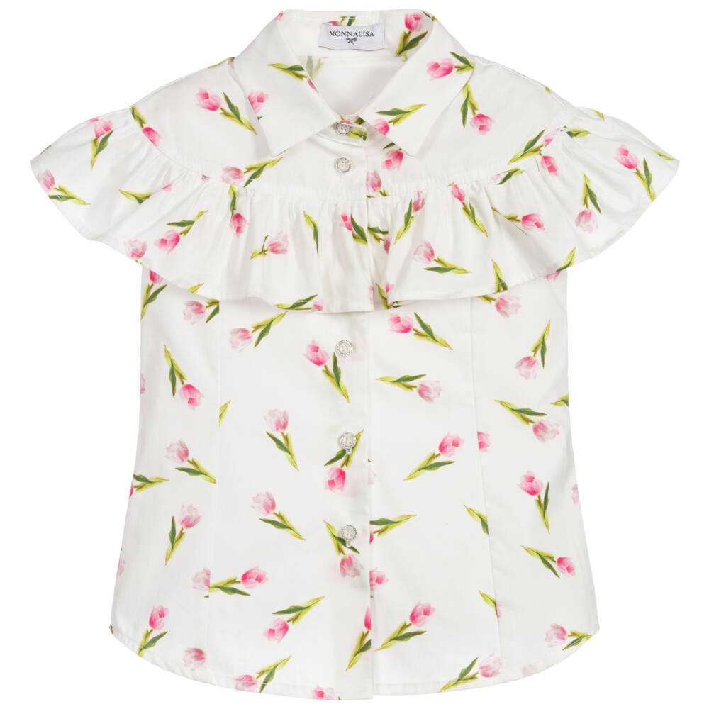 Monnalisa Floral Green Tulle Blouse With Sleeveless Jersey Top
